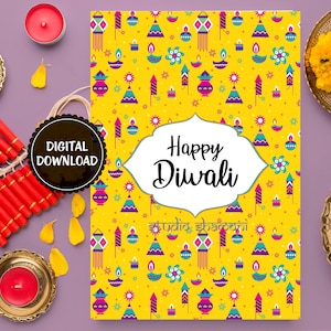 Cartão de felicitações de Diwali, cartão de arte indiana peculiar, cartão de Diwali para impressão, cartões de férias e sazonais, cartão indiano, Diya Rangoli Diwali