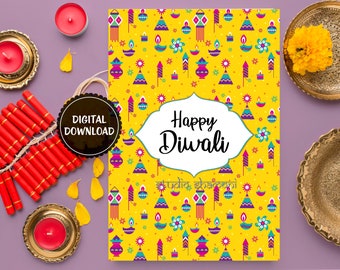 Diwali tarjeta de felicitación, tarjeta de arte indio peculiar, tarjeta Diwali imprimible, vacaciones y tarjetas de temporada, tarjeta india, Diya Rangoli Diwali
