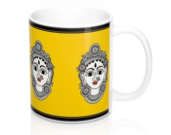 Taza de 11 oz, Kalamkari, arte indio, taza de café, té, Chai, taza de cerámica, tazas de regalo, arte antiguo, estilo Desi, cara de mujer