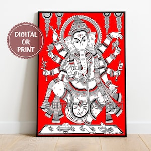 Ganesha, Ganpati, Kalamkari Art Print, Dancing Ganesha Painting, Kalamkari Art Style, Indian Art Print, Digital Download, Indian Wall Art