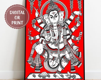 Ganesha, Ganpati, Kalamkari Art Print, Dancing Ganesha Painting, Kalamkari Art Style, Indian Art Print, Descarga digital, Indian Wall Art