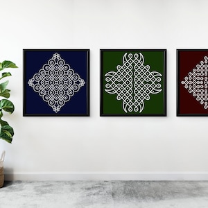 May include: Three framed prints with white geometric designs on different colored backgrounds. The left print has a navy blue background, the middle print has a dark green background, and the right print has a maroon background.