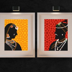 May include: Two framed silhouette portraits of a couple in traditional Indian attire. The woman is on the left with a yellow background and the man is on the right with a red background.