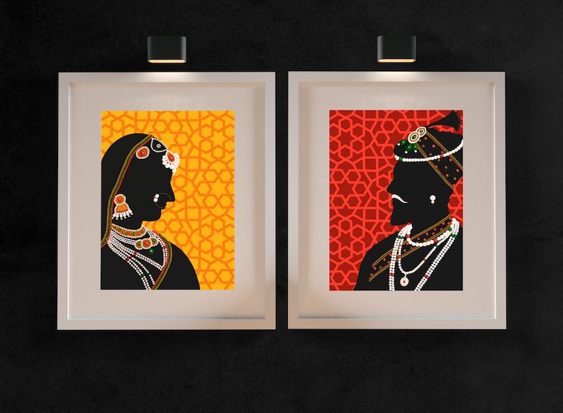 May include: Two framed silhouette portraits of a couple in traditional Indian attire. The woman is on the left with a yellow background and the man is on the right with a red background.