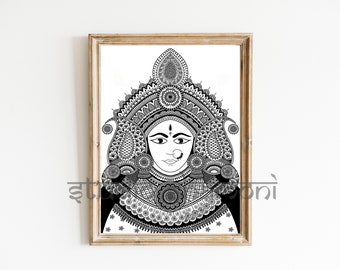 Kali, Durga, Pintura de diosa, Durga Art Print, Diosa hindú, Estilo de arte Mehndi, Impresión de arte indio, Descarga digital, Arte de pared indio activo