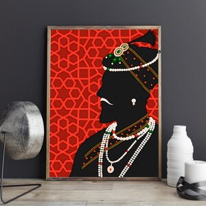 May include: A black silhouette of a person wearing a red, green, and white turban and a necklace with pearls and red beads against a red background with a geometric pattern.