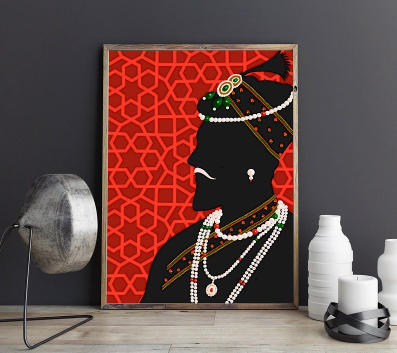 May include: A black silhouette of a person wearing a red, green, and white turban and a necklace with pearls and red beads against a red background with a geometric pattern.