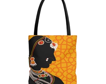 Royal Indian Lady, Silhouette, Indian Art, Mughal Art Style, Stylish, Tote Bag, Reusable Tote, Grocery Bag, Shoulder Bag, Boho