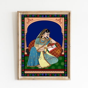 Mughal woman digital painting, Indian traditional printable miniature art, Rajasthani downloadable wall decor, Digital folk art, Indian gift