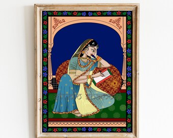 Pintura digital de mujer mogol, arte en miniatura imprimible tradicional indio, decoración de pared descargable Rajasthani, arte popular digital, regalo indio