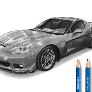 Personalized car drawing - Car pencil drawing - Corvette Drawing.