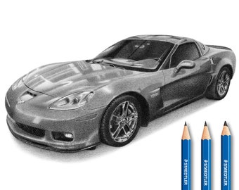 Personalized car drawing - Car pencil drawing - Corvette Drawing.