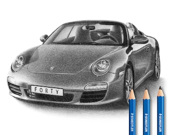 Custom Car drawing - Porsche drawing - 100% Handmade.