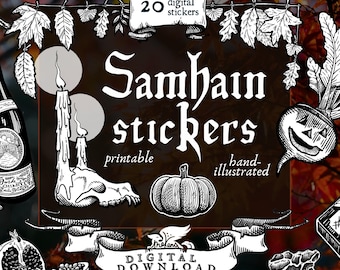 Adesivi stampabili per Samhain - Illustrazioni autunnali della natura disegnate a mano - Download digitale in PDF + file PNG individuali