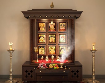 AMOD - Elegant pure brass accented free-standing temple with brass bells and ghumat