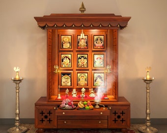 AMOD - Indian free standing wooden temple with premium cherry brown PU finish and accessorised with brass