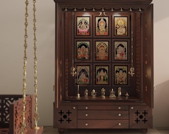 Amod - Large Handcrafted Pooja Mandir for Home | Wooden Hindu Temple with Gold Accents | Traditional Indian Altar for Prayer & Rituals