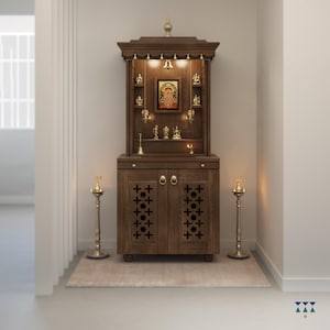 Handcrafted Solid Wood Pooja Mandir with Brass Bells & Lamps