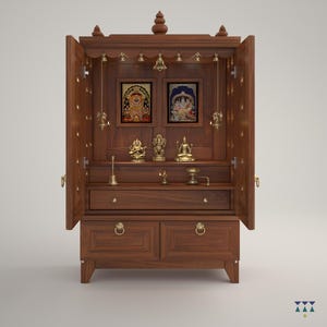 Omkara - Solid Wood Pooja Mandir for Home with Doors, Brass Bells & Lamps | Handcrafted Hindu Temple Altar for Prayer and Rituals
