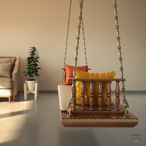 Kiesh - Indian Wooden Swing with Brass Chain | Handcrafted Indoor Jhoola | Solid Wood Hanging Bench for Living Room | Ethnic Home Furniture