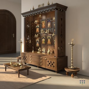 Bheema - Traditional Indian wooden Hindu temple for home | Large handcrafted pooja mandir with gold accents perfect for rituals.