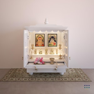 Pooja Mandir feito à mão em madeira branca: pequeno templo hindu com detalhes em latão