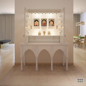 Avaneesh - Traditional Pooja Mandir for Home with Doors, Brass Bells & Lamps | Handcrafted Wooden Hindu Temple Altar for Prayer