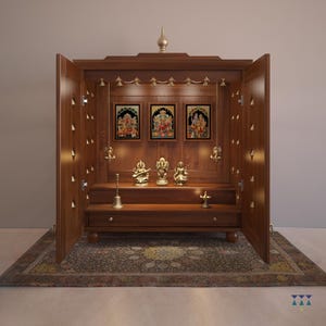 Handcrafted Wooden Hindu Temple: Pooja Mandir with Brass Bells