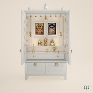 Omkara - Solid Wood Pooja Mandir for Home with Doors, Brass Bells & Lamps | Handcrafted Hindu Temple Altar for Prayer and Rituals
