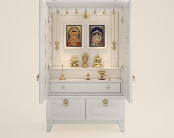 Omkara - Solid Wood Pooja Mandir for Home with Doors, Brass Bells & Lamps | Handcrafted Hindu Temple Altar for Prayer and Rituals
