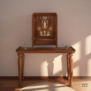 Handcrafted Wooden Temple: Wall-Mounted Mandir with Brass Bells