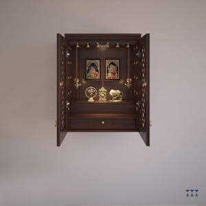 Nandana - Traditional Wooden Temple for Home | Wall-Mounted with Brass Bells and Lamps | Handcrafted Solid Wood Mandir with Drawer