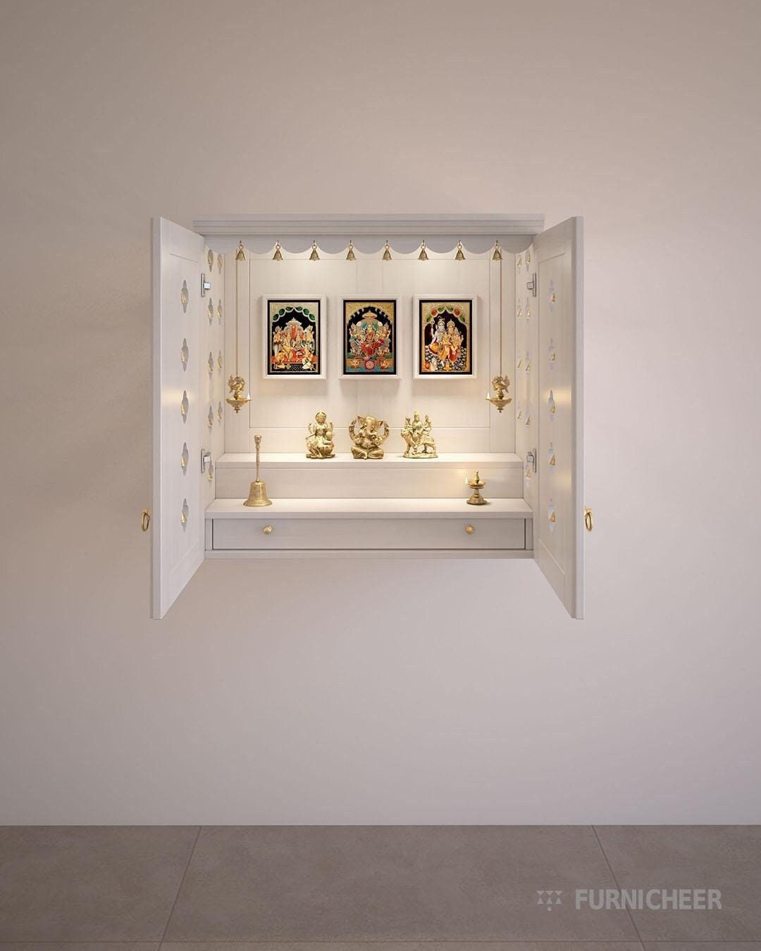 AVANEESH Wooden Wall Mount Pooja Mandir Temple With Door Having Flower Cutouts Bells Etsy