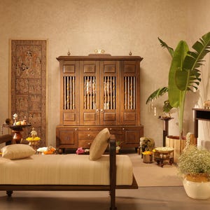 The Soul Nook - Pooja room with traditional mandap and accent furniture | Handcrafted Solidwood Puja mandir | Indian Prayer temple for home