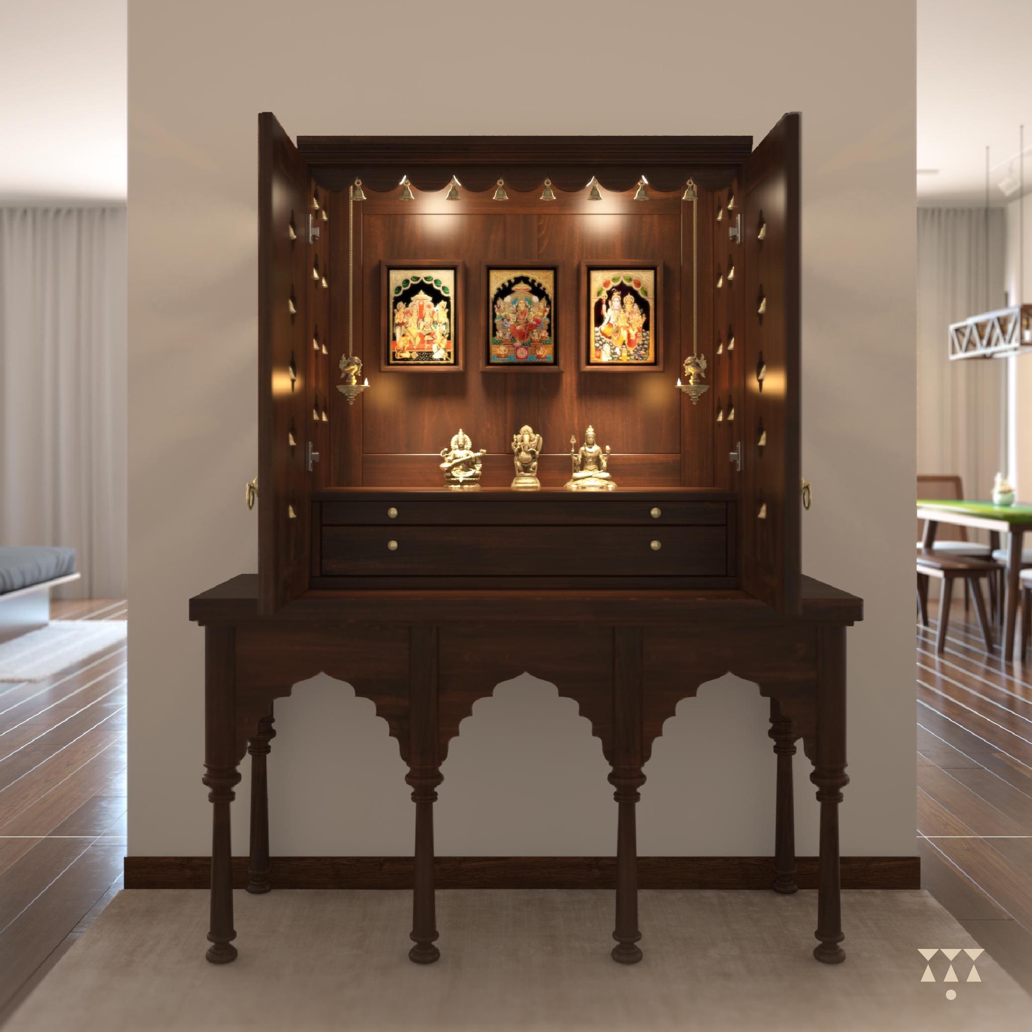 Avaneesh - Traditional Pooja Mandir for Home With Doors, Brass Bells ...