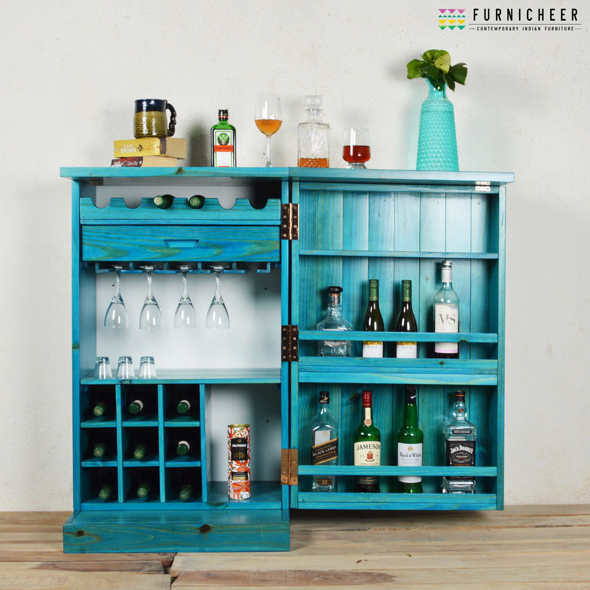 Teal Blue Solid Wood Compact Bar Cabinet Etsy