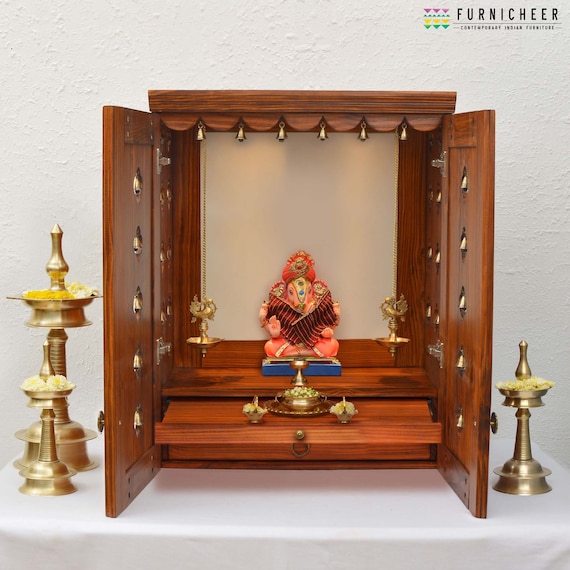 AVANEESH Elegant Cheery Brown Premium PU Finish Wall Mounted Pooja