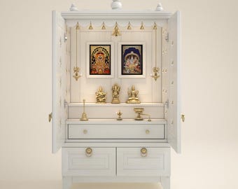 Omkara - Massivholz Pooja Mandir für Zuhause mit Türen, Messingglocken & Lampen | Handgefertigter hinduistischer Tempelaltar für Gebet und Rituale