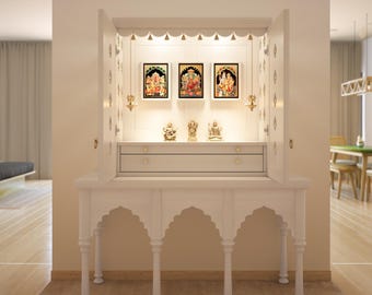 Avaneesh - Traditionelle Pooja Mandir für Zuhause mit Türen, Messingglocken & Lampen | Handgefertigter, aus Holz gefertigter Hindu Tempel Altar für das Gebet
