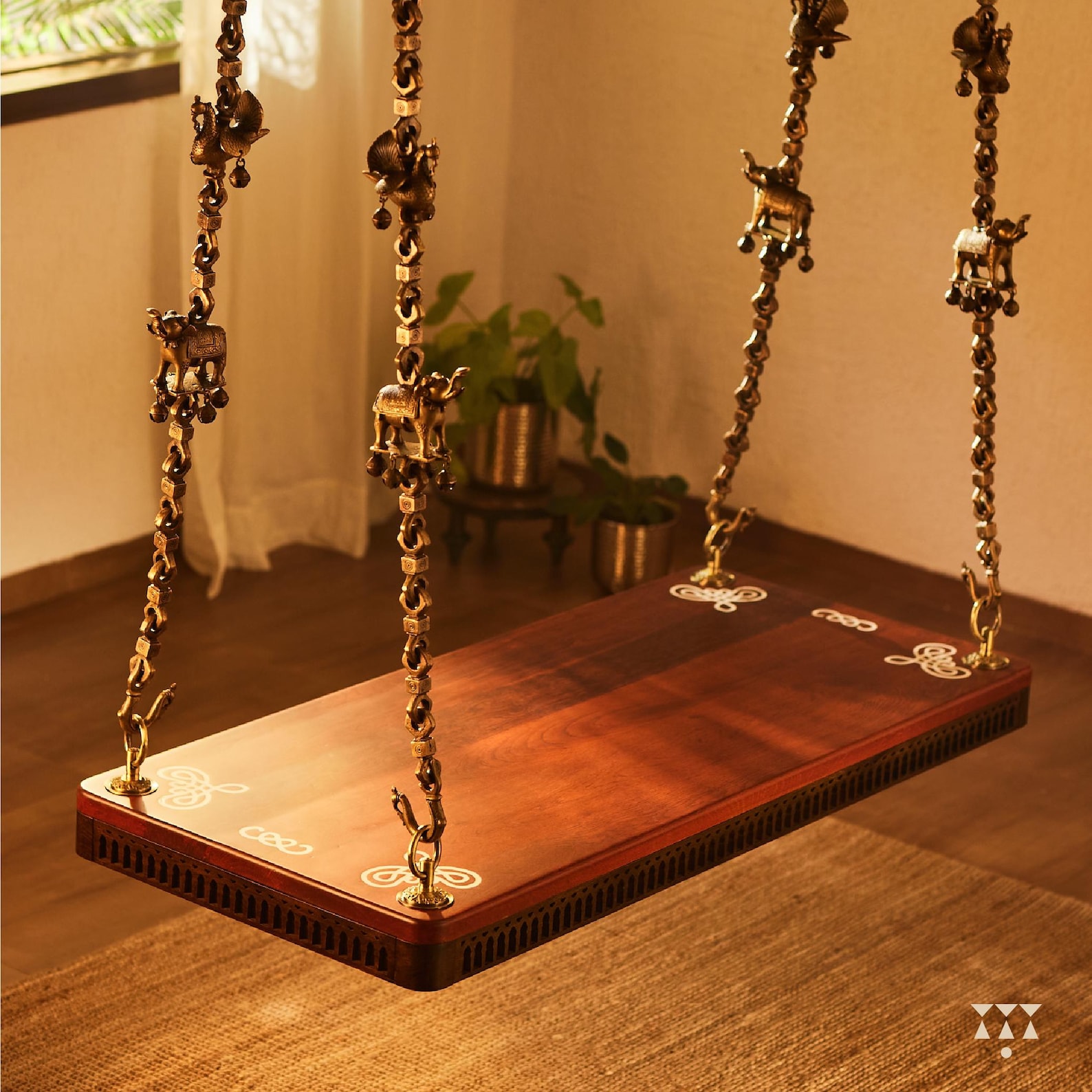 Raag Sutra Swing - Artisan Indian Wooden Jhoola With Brass Chain ...