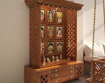 Amod - Large Wooden Pooja Mandir for Home | Handcrafted Hindu Temple with Gold Accents | Traditional Indian Altar for Prayer & Rituals