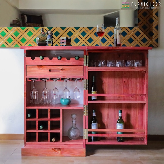 Beetroot Pink Solid Wood Compact Bar Cabinet Etsy UK