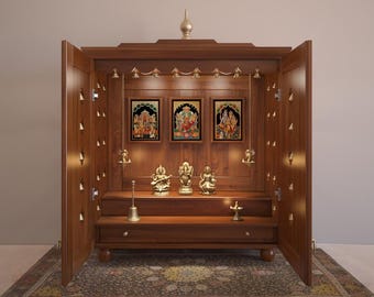 Gaurik - Ethnischer handgefertigter Hindu-Tempel für zu Hause | Pooja Mandir aus Holz mit Türen, Messingglocken und Lampen | Altar Schrein für die Tägliche Anbetung