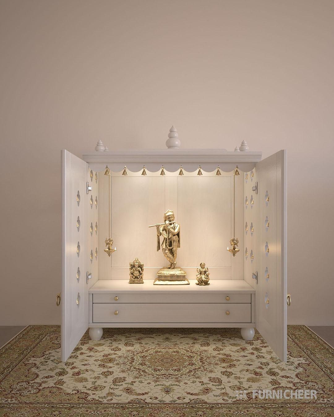 Ojas Solid Wood Table Mount Pooja Temple for Home With Door With a