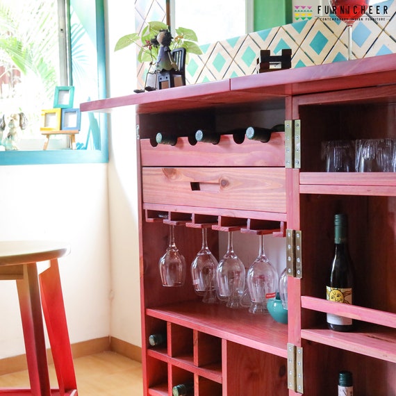 Beetroot Pink Solid Wood Compact Bar Cabinet Etsy