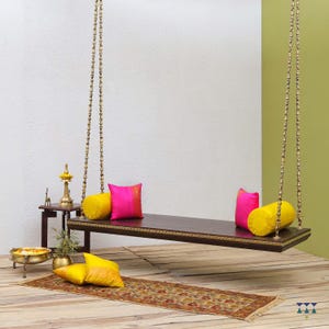 Vrisa - A Solid Wood Indian Traditional Swing / Jhoola Finished With Walnut Brown Pu and Antique Brass Links