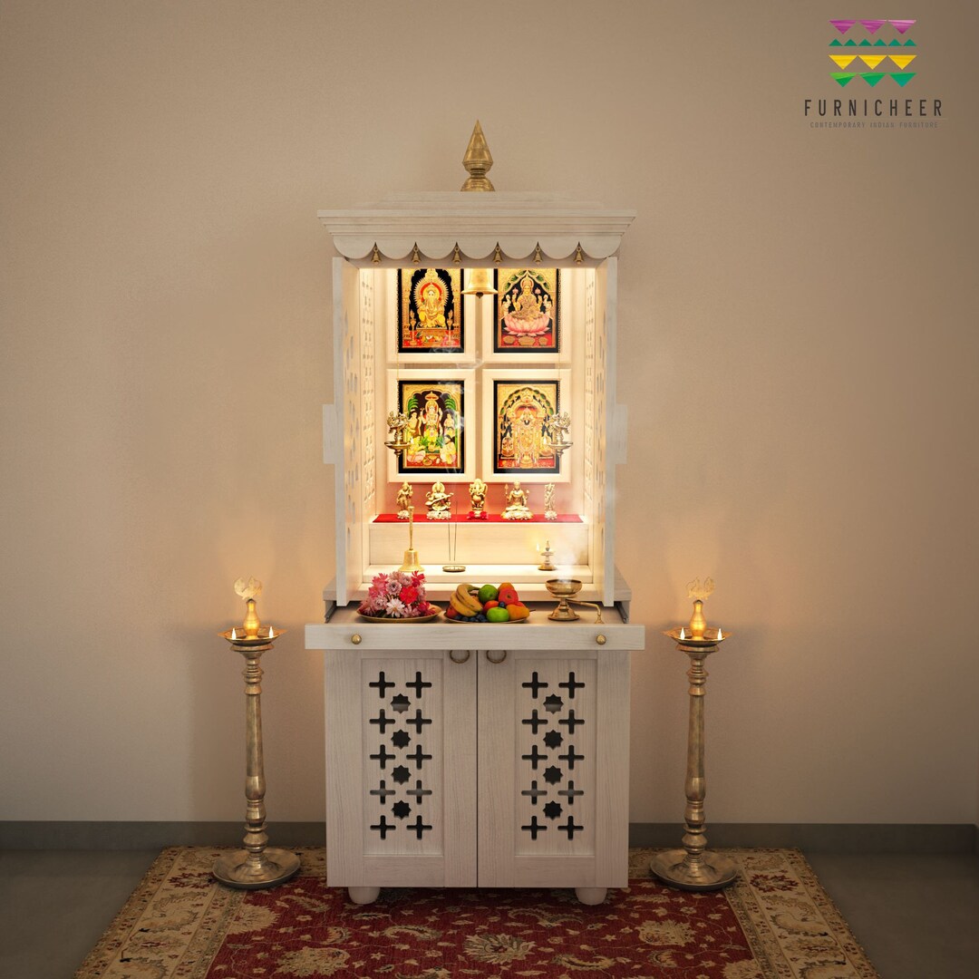 MORYA Free Standing Temple With Intricately Carved Shutters & Pure