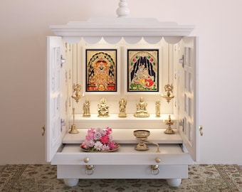 Shweta - Compact White Solid Wood Pooja Mandir for Home | Handcrafted Temple with Tray, Drawer & Brass Accents | Small Hindu Altar Unit