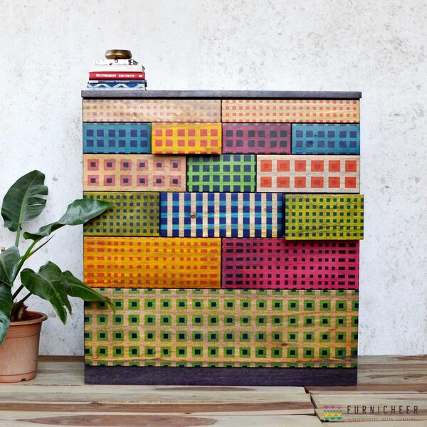 Solid Wood contemporary chest of drawers with hand printed madras checks serigraph on the fascia