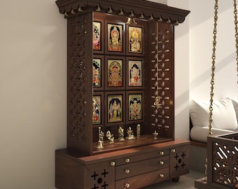 Amod - Gran templo hindú de madera para el hogar / Templo hindú artesanal con detalles dorados / Altar tradicional indio para oración y rituales